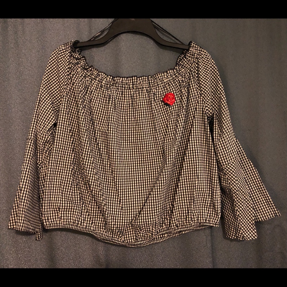 3x Black Gingham Peasant Top with Rose Appliqué